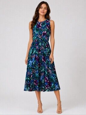 Studio Ease Tropical Floral Sleeveless Midi Dress Size L Multicolor Hawaiian 90s